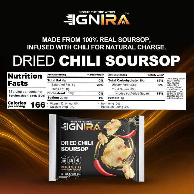 IGNIRA Spicy Dried Soursop with Chili, Vegan Sweet & Hot Fruit Snacks, Premium Soft Dried Chili Soursop, Plant-based, Gluten-free, Real Fruit Snack Strips, Vortex Fire energy Pack of 6 (10.56 oz)