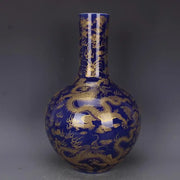 Qing Kangxi Blue-Ground Celestial Globe Vase – Gold-Gilt Flower, Cloud & Dragon Motif | Jingdezhen Porcelain