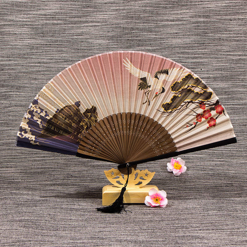 Matte Silk Bamboo Folding Fan with Tassel