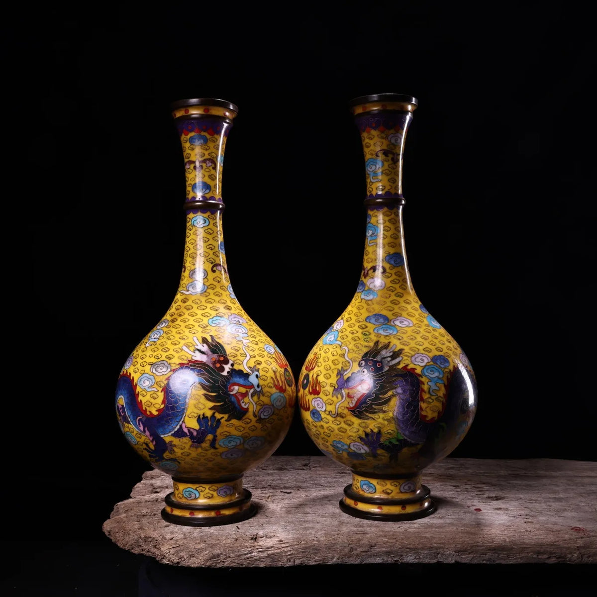 Tibetan Temple Vintage Cloisonné Dragon & Phoenix Vases – Bronze Bottle Pair (House Guardians)