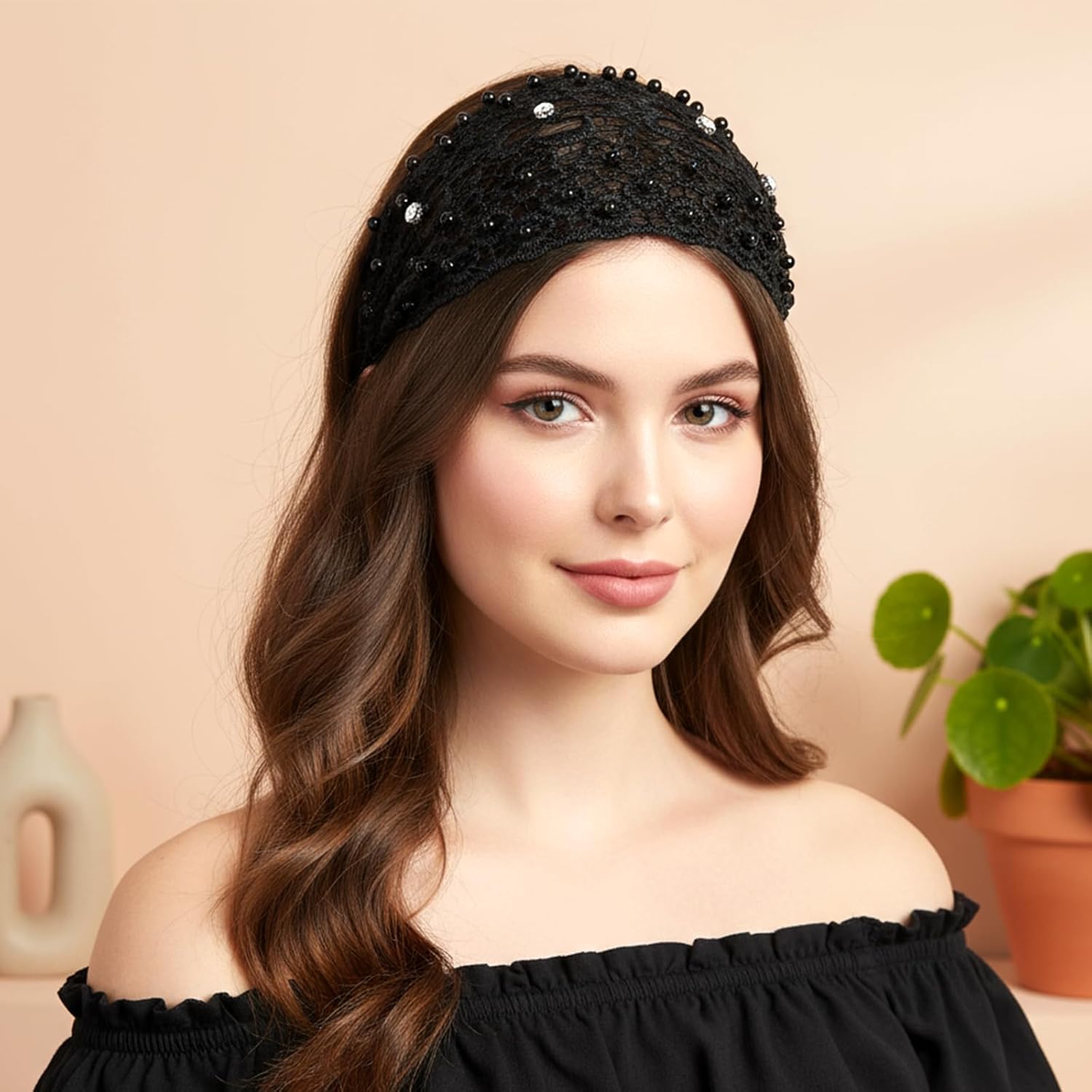 3pcs Boho-Chic Crystal & Pearl Embellished Wide Headbands, Wide Boho Pearl Headband for Wome, Floral Beaded Lace Elastic Headband Suitable for Daily Wear and Weddings Stylingvarious Holidays