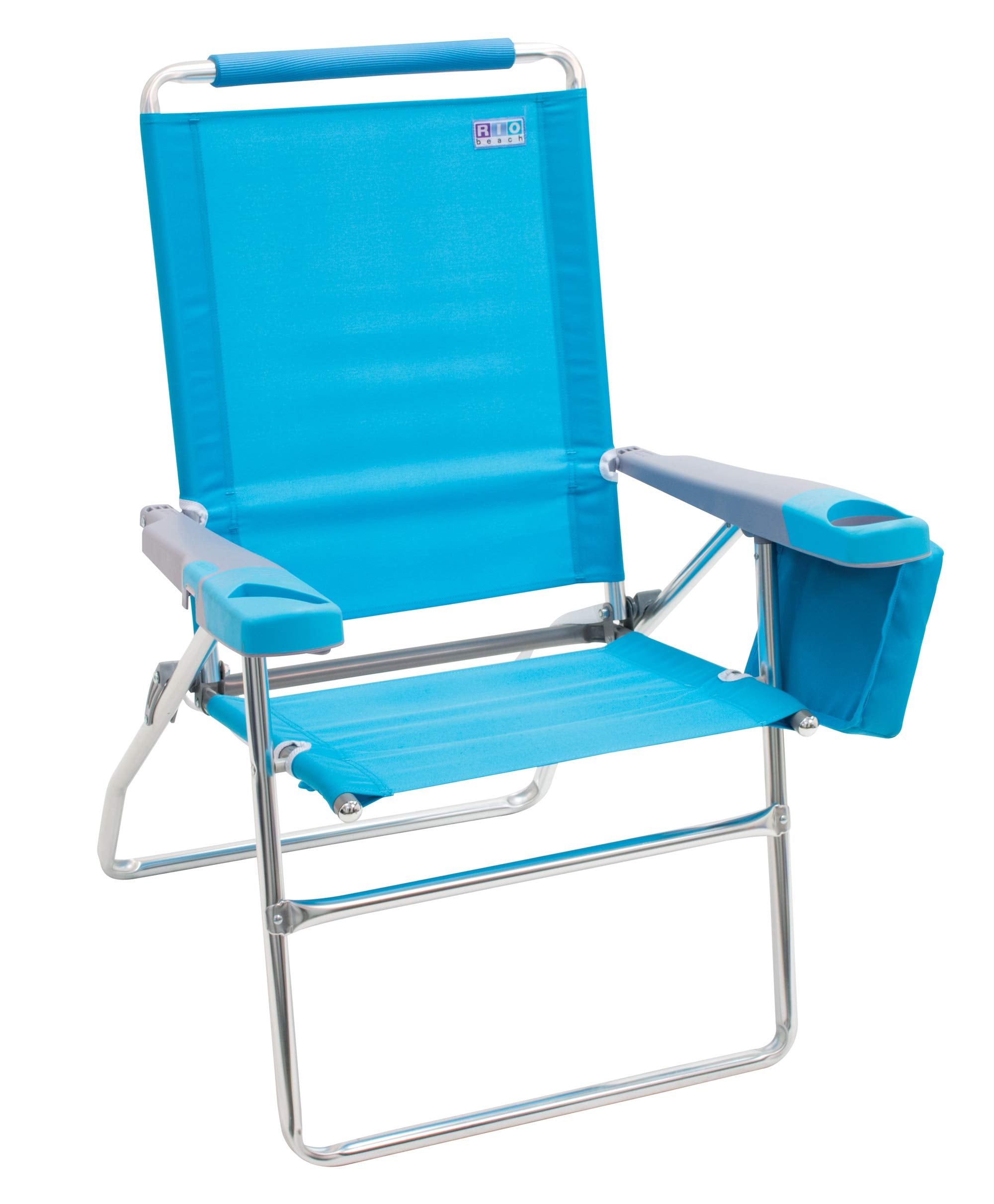 Rio Brands 17" Extended Height 4-Position Folding Beach, Camping, Lawn Chair, Blue/White/Green