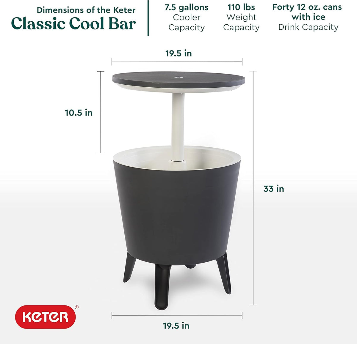 Keter Modern Cool Bar Outdoor Patio Furniture and Hot Tub Side Table with 7.5 Gallon Beer and Wine Cooler, Dark Grey