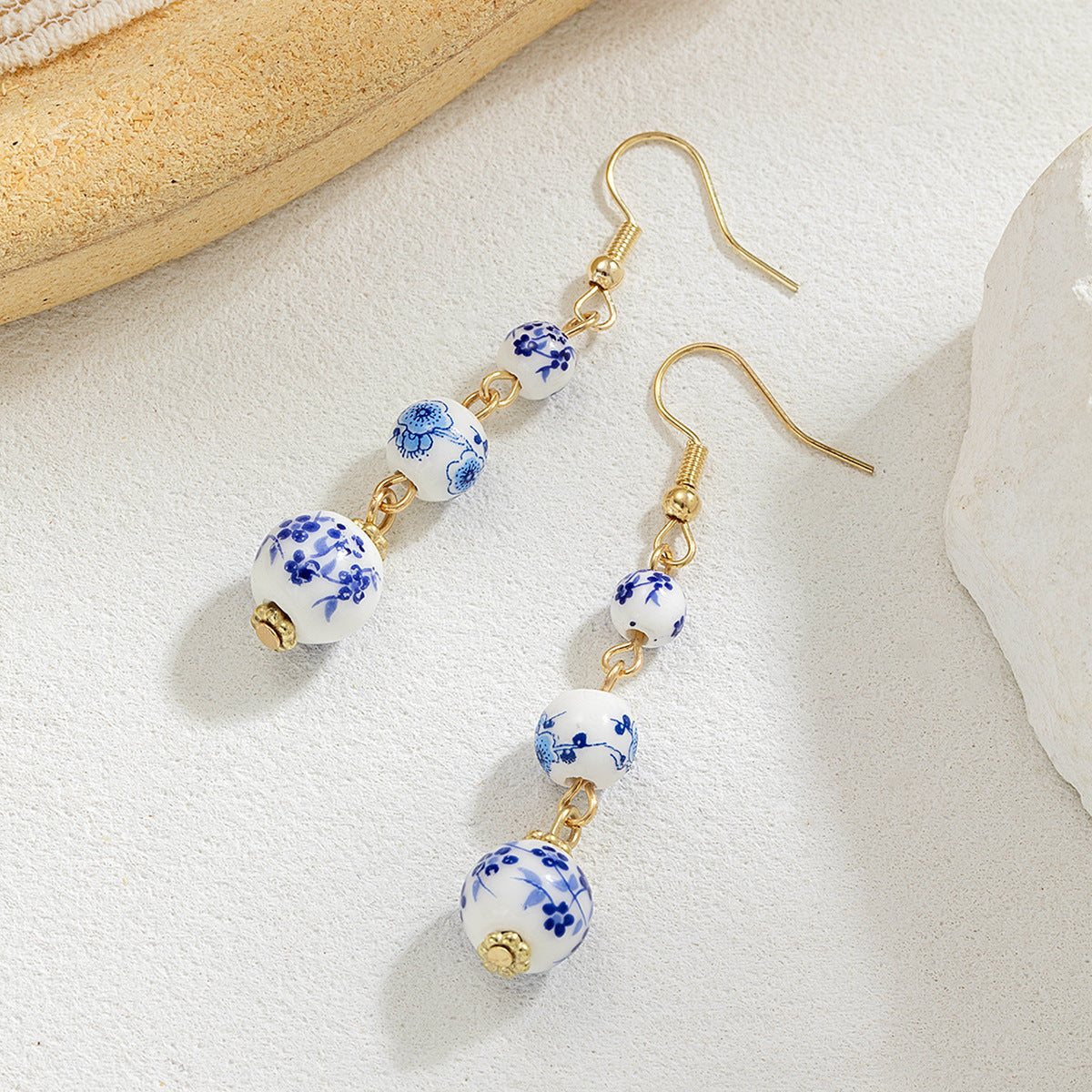 Blue And White Porcelain Ceramic Beads Long Earrings