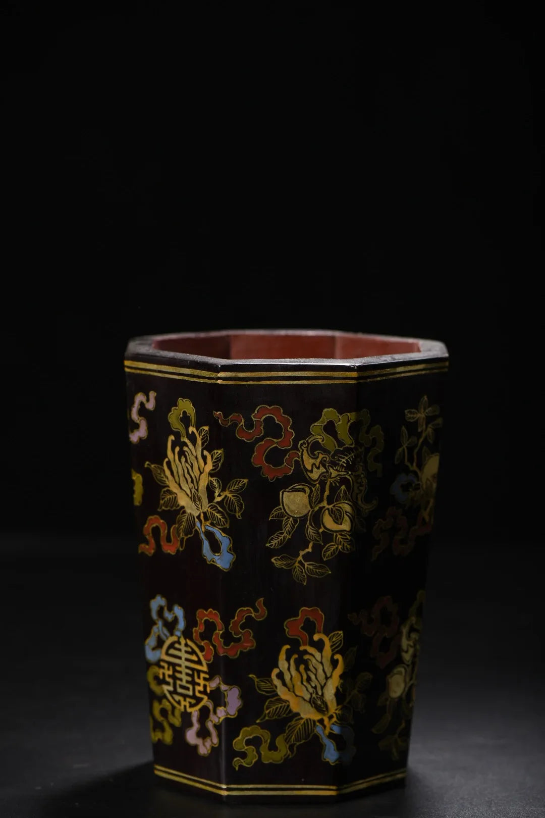 Nepalese Lacquerware Brush Pot – Gold “Blessing & Longevity” Peach Flower (6")