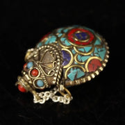 Antique Tibetan Solid Copper Snuff Bottle, Fully Handcrafted Inlaid with Gemstones