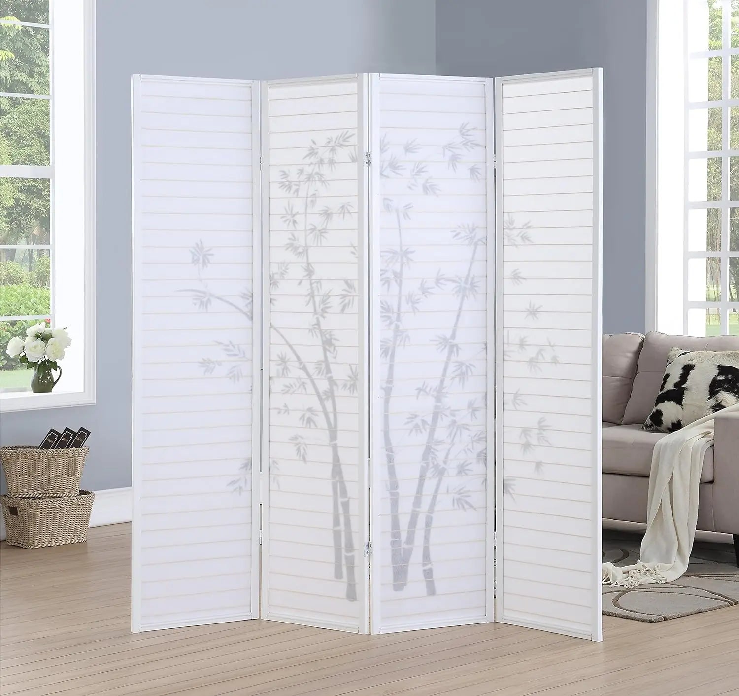 4-Panel Room Divider with Bamboo Print, 72W x 71H, Sturdy Mortise & Tenon, White