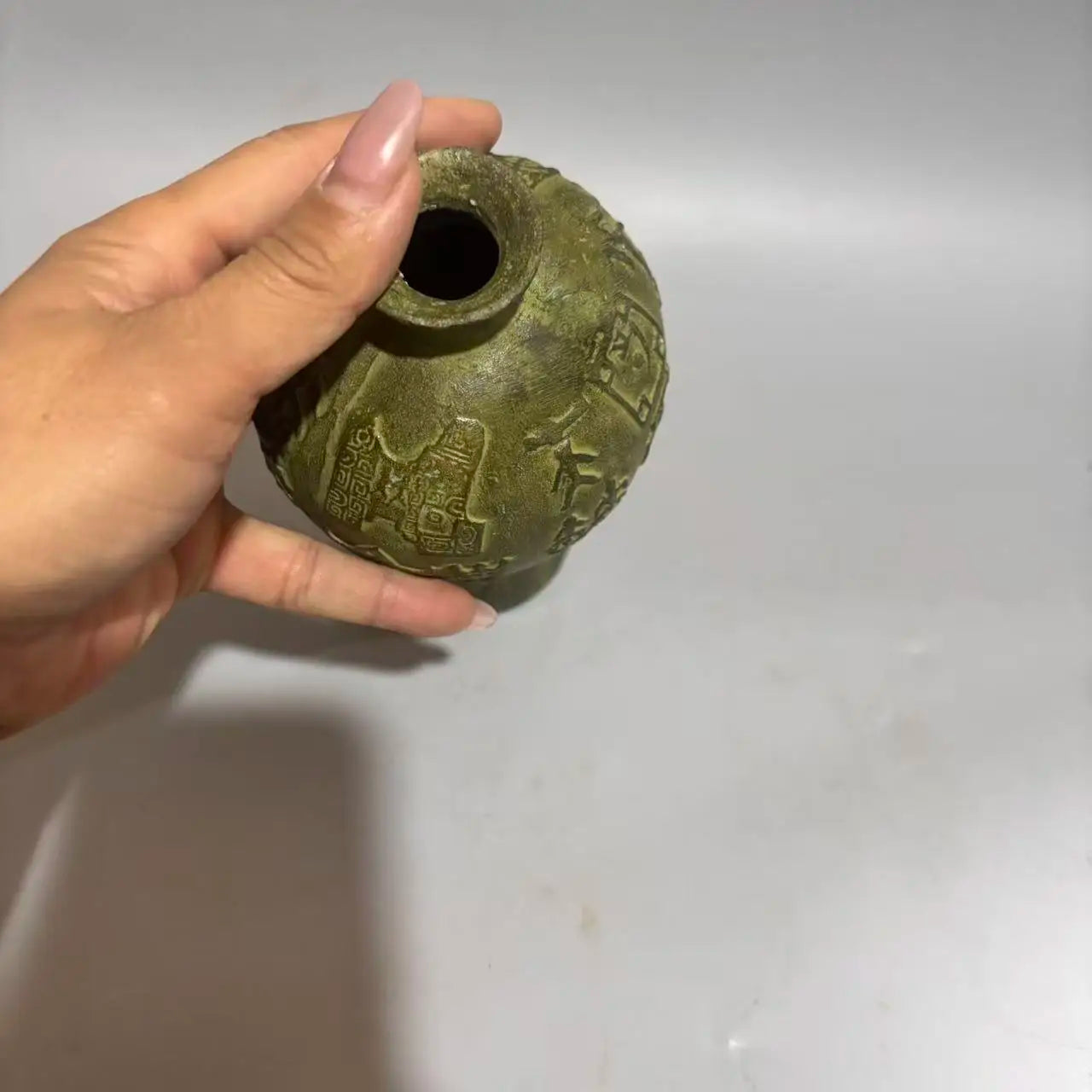 7" Tibetan Temple Old Brass Verdigris Prunus Vase – Oracle Script Motif