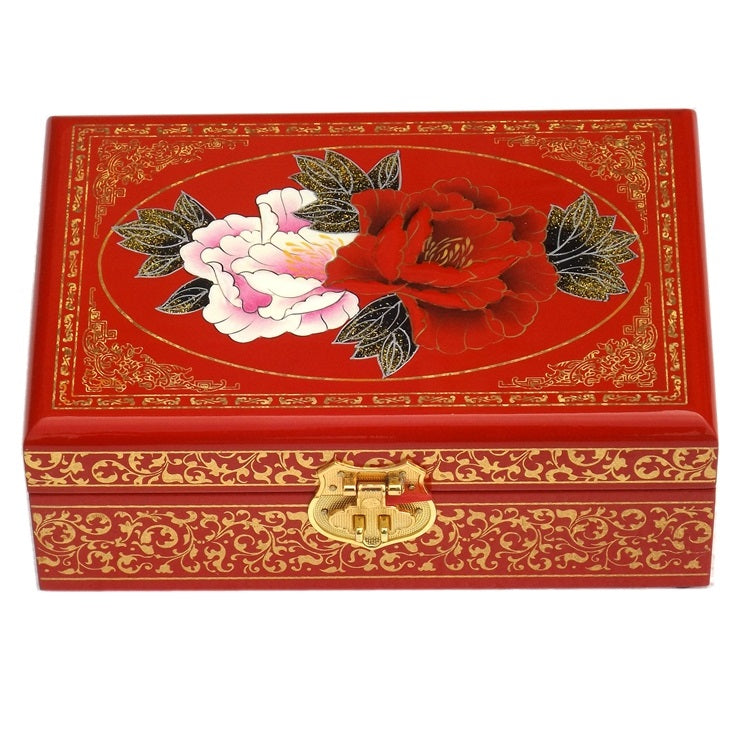 Pingyao Hand‑Painted Gold Foil Jewelry Box – Classical Chinese Peach Wood