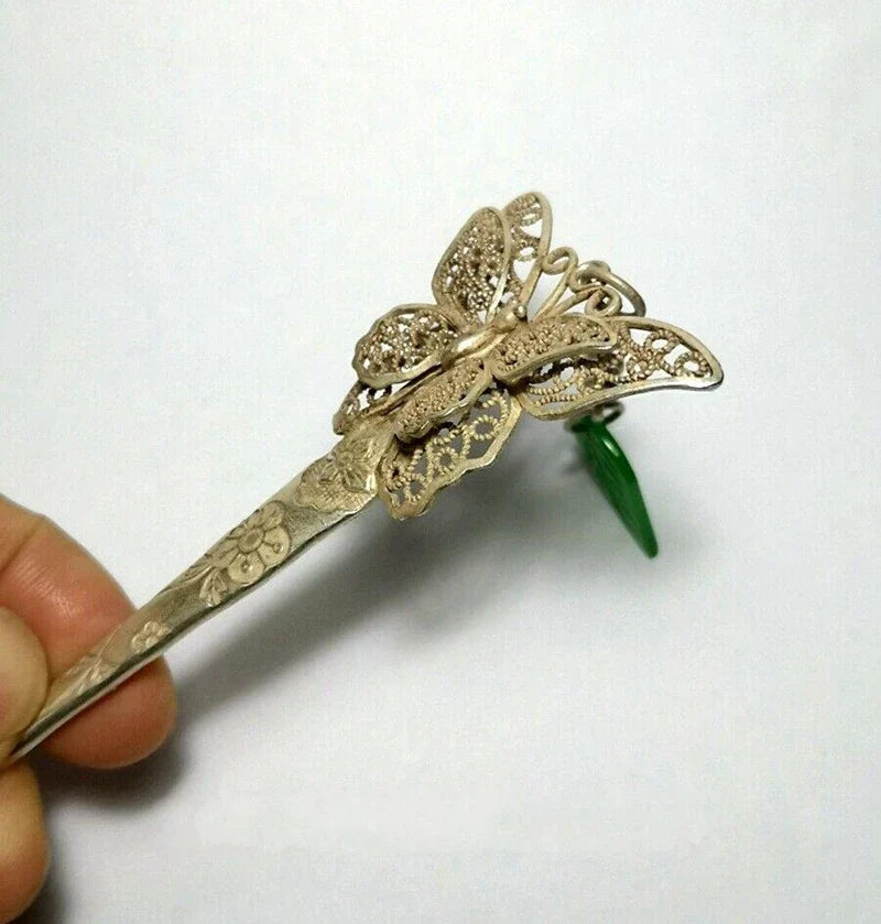 Handmade Silver Jade Butterfly Hairpin