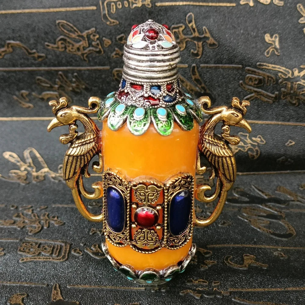 Exquisite Chinese Handmade Double Phoenix Copper Snuff Bottle with Gift Box