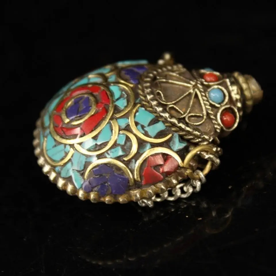 Antique Tibetan Solid Copper Snuff Bottle, Fully Handcrafted Inlaid with Gemstones