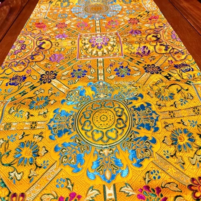 1.5m*35cm/2m*35cm Tibetan Style Satin Fabric Table Flag/Retro Rich Lotus PatternClassical Coffee Table Cloth Buddhist Decoration