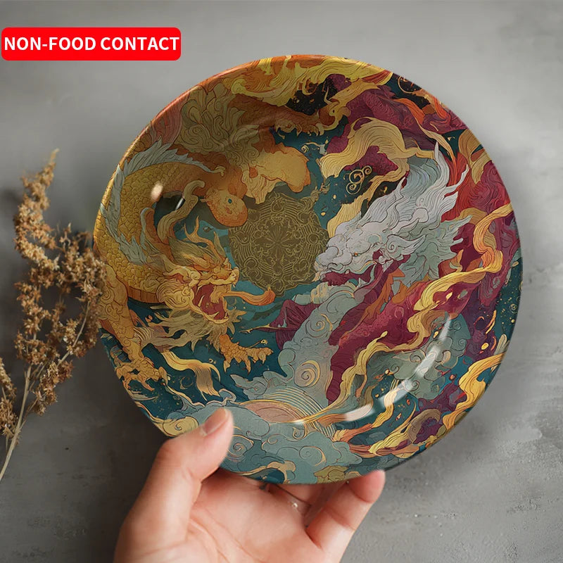 2D Flat - A 2D Decorative Plate Featuring a Chinese Dragon - Hand-Painted Asian Home Decor with a Golden Dragon Design