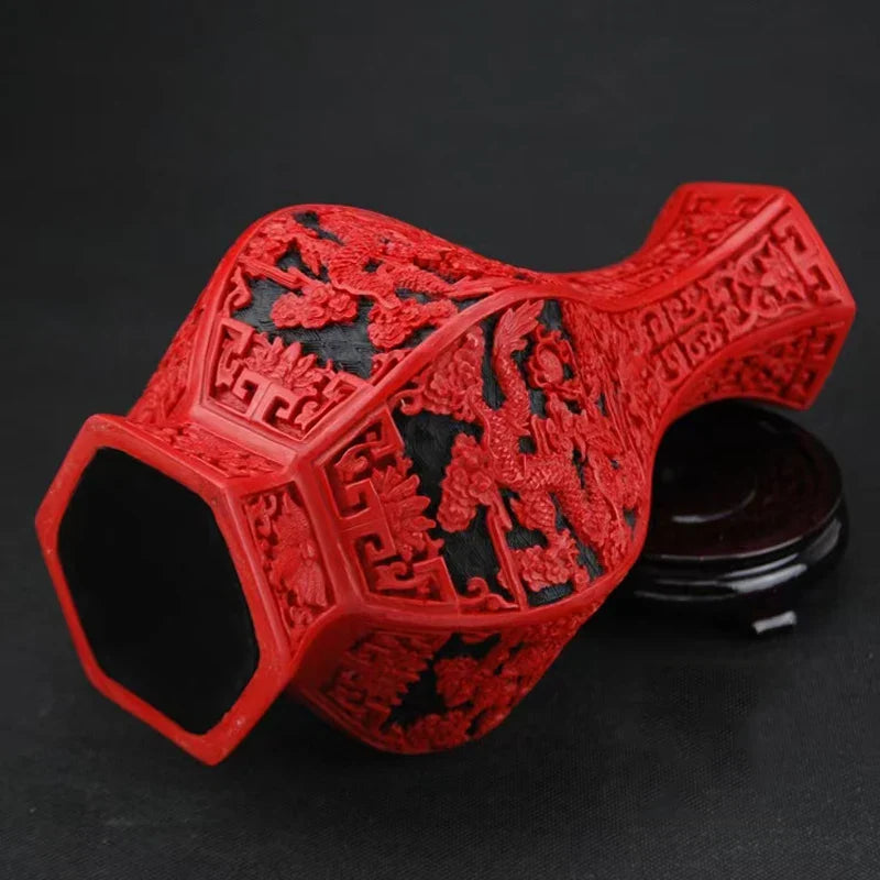 Red Lacquerware Dragon Vase – 10" Chinese Auspicious Decor