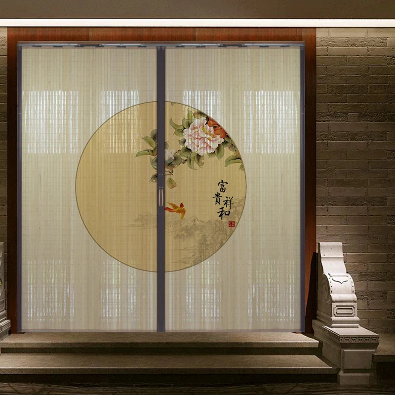 Printed Bamboo Sliding Door Partition Traditional Chinese Room Divider Foldable Screen