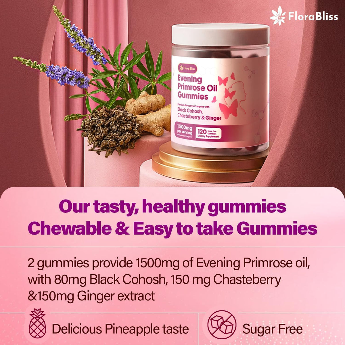 Evening Primrose Oil Gummies | 1500mg | with Black Cohosh, Chasteberry, Ginger Extract for Daily Women's Wellness Support