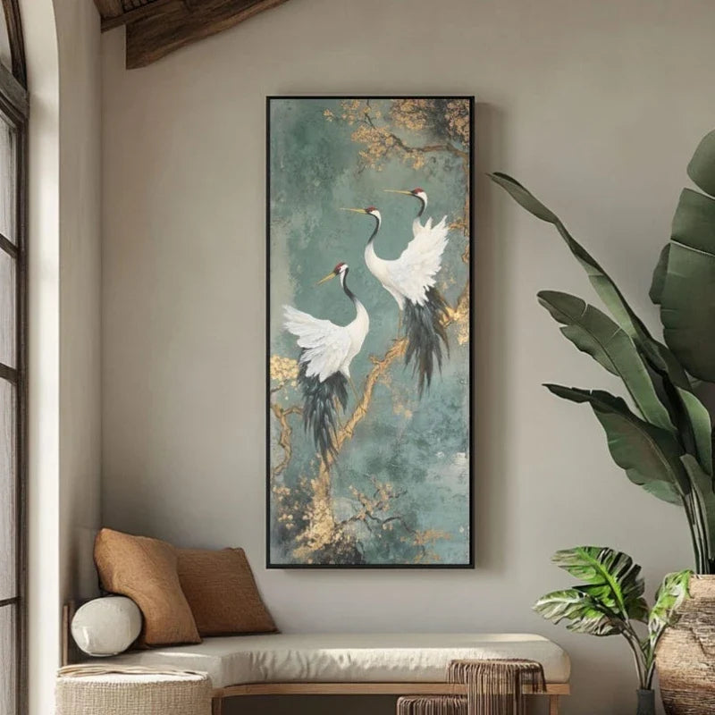 Japanese Style Golden Crane Decorative Poster, Luxury Canvas Painting Vertical Frameless Mural for Entrance Hallway