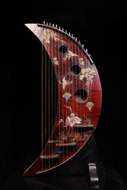 35" Nepalese Crescent Moon Guqin – Vintage Wooden-Bodied Lacquerware with Crane Motif