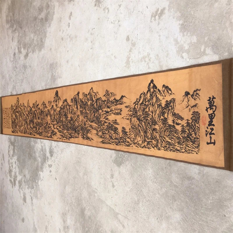 Chinese Old Long Scroll Calligraphy Painting Mural Vast Mountains And Rivers Spanning Thousands of Miles Traditional Art Decor