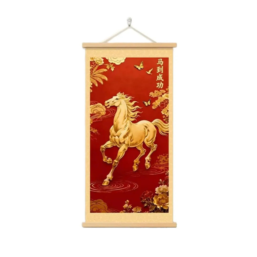 Chinese Silk Scroll Painting – Galloping Horses Wall Hanging