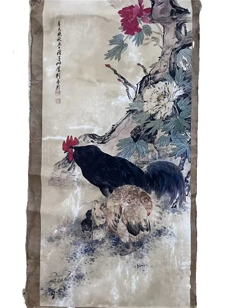Liu Kuiling Rooster Scroll – “Fortune and Auspiciousness” Rice Paper Painting