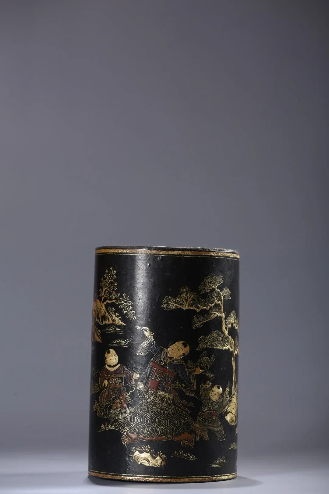 Tibetan Temple Vintage Lacquerware Brush Pot – Children’s Playground Scene (5")