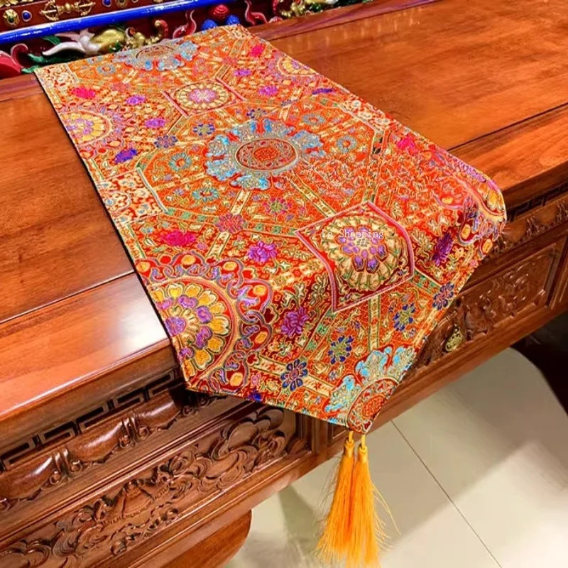 1.5m*35cm/2m*35cm Tibetan Style Satin Fabric Table Flag/Retro Rich Lotus PatternClassical Coffee Table Cloth Buddhist Decoration