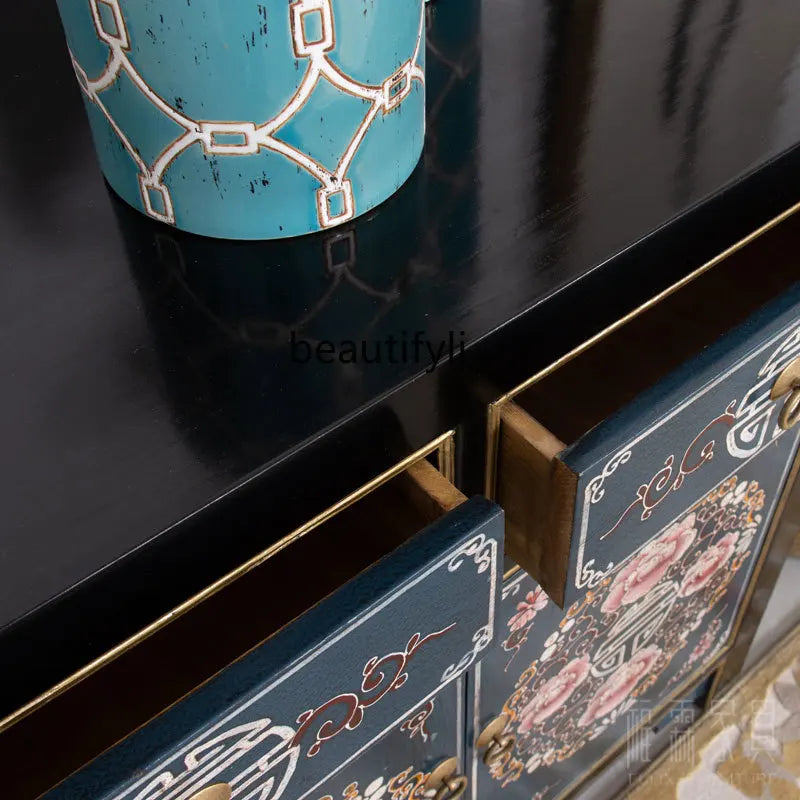 Antique‑Style Chinese Painted Cabinet – Solid Wood Foyer & Living Room Partition (160 × 43 × 85 cm)