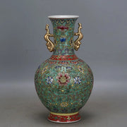 Qianlong‑Style Powder Enamel Vase – Hand‑Painted Flowers with Golden Handles