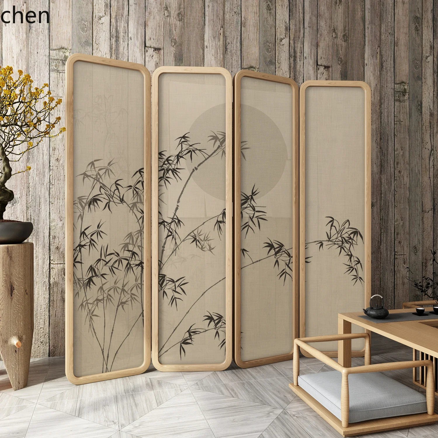 QZT Solid Wood Screen Partition Living Room Folding Mobile Tea Room Conference Room Hall Blocking Zen Style Pine Bamboo Mobile