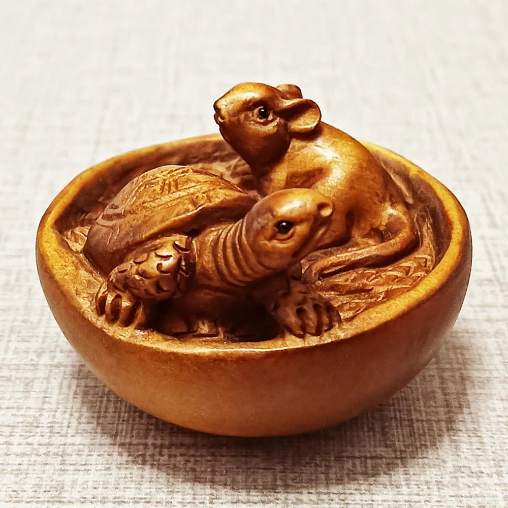 2" Boxwood Mouse & Turtle Netsuke – Japanese Animal Miniature