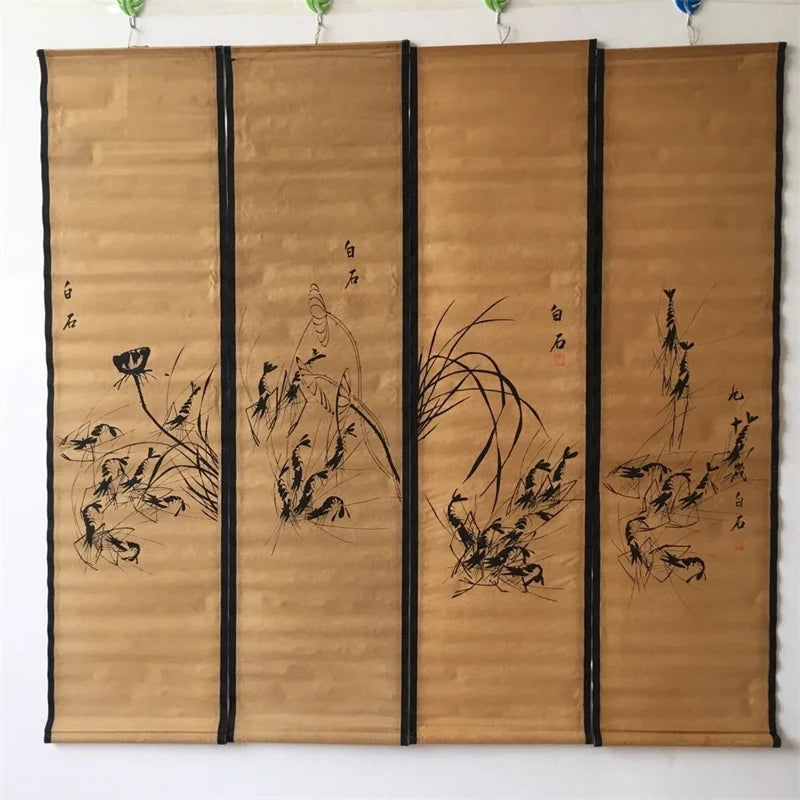 Qi Baishi Chinese Calligraphy And Painting Scroll Famous Artist Shrimp Murals Four Couplets Old Paper Artwork Traditional Decor
