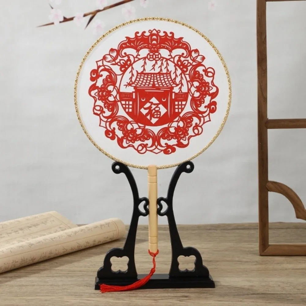 Chinese Paper-Cut Bamboo Silk Hand Fan with Tassel