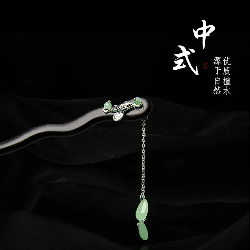 Vintage Jade Fringe Black Wood Hair Stick