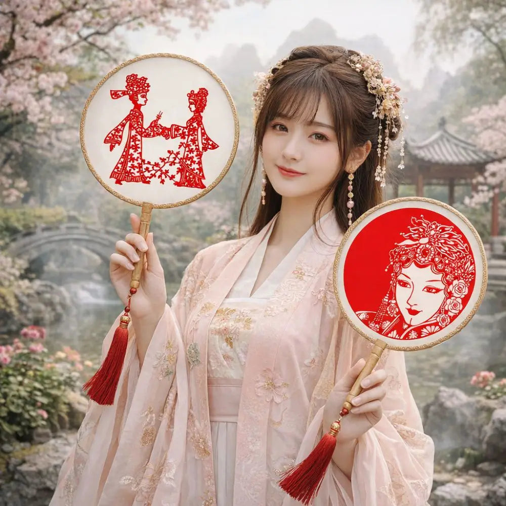 Chinese Paper-Cut Silk Round Hand Fan with Tassel