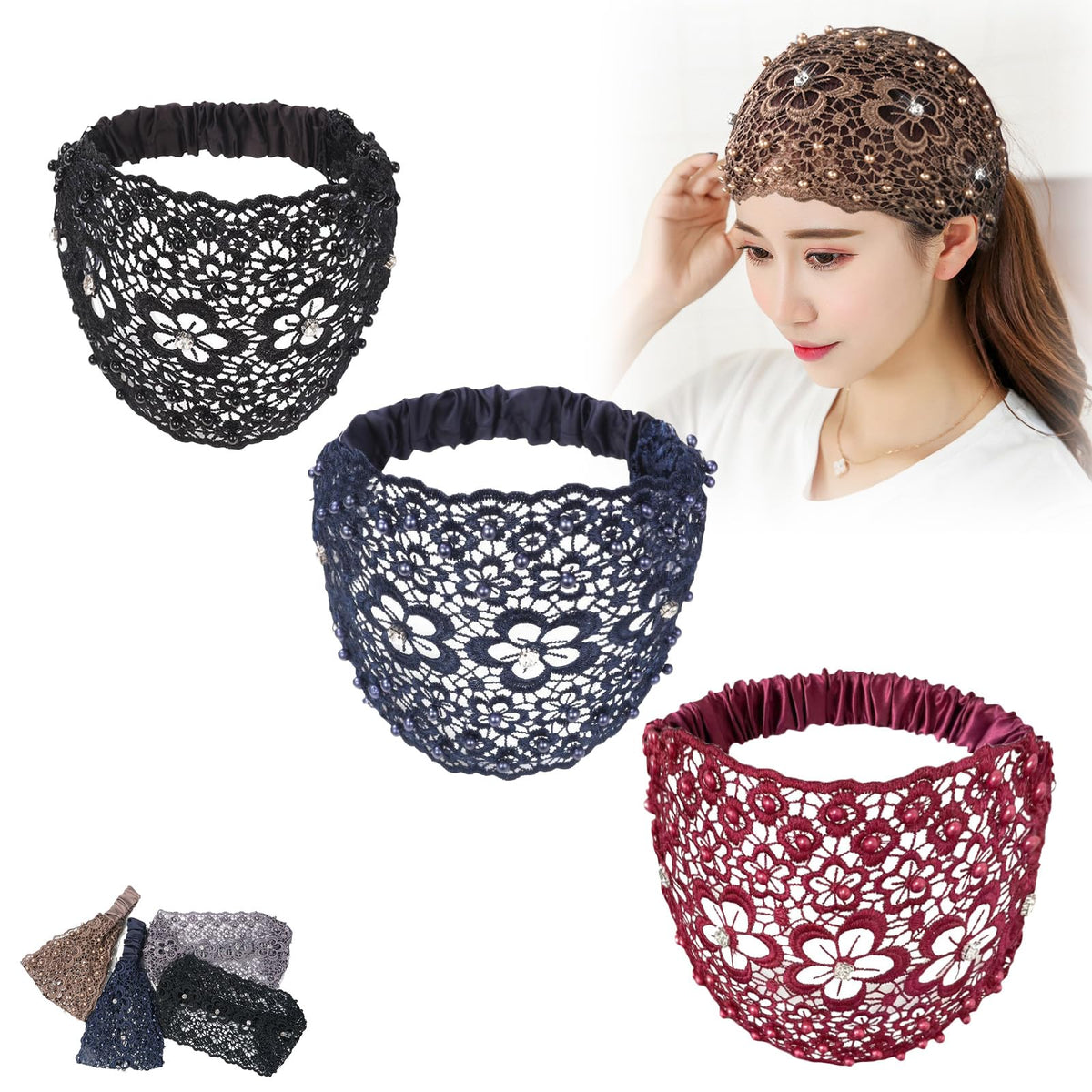 New Set Boho Headbands, Boho-chic Crystal & Pearl Embellished Wide Headbands, for Women Fashion Vacations & Daily Styling (3pcs A)
