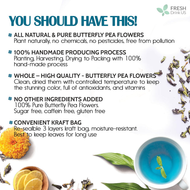 Premium 1010+ Butterfly Pea Flowers, 100% Natural, Loose Leaf Herbal Tea, No Gluten, Vegan