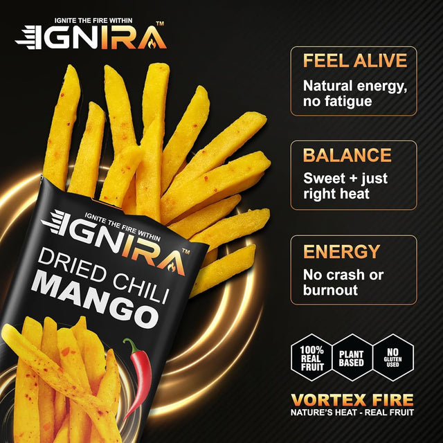 IGNIRA Dried Mango with chili, Sweet & Hot Fruit Snack Strips, Dry Chamoy Mangoes Slices, Chili Mangoes Snacks for Office, Gluten-Free, Plant-Based, Real Fruit, Vortex Energy Pack of 6 (10.02 oz)