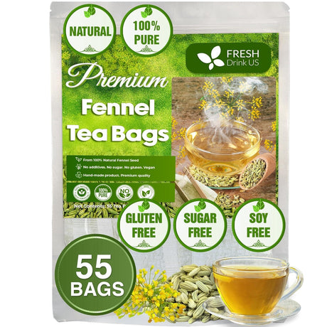 Premium Fennel Tea Bags, 100% Natural & Pure from Fennel Seeds. Fennel Seed Herbal Tea. Fennel Seed Tea. Made with Natural Material Tea Bags. No Sugar, No Caffeine, No Gluten, Vegan.