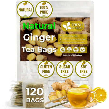 Premium Ginger Tea Bags, 100% Natural & Pure from Ginger Roots, Ginger Tea, Ginger Herbal Tea. Ginger Tea. No Sugar, No Caffeine, No Gluten, Vegan. - FreshDrinkUS - Natural and Premium Herbal Tea