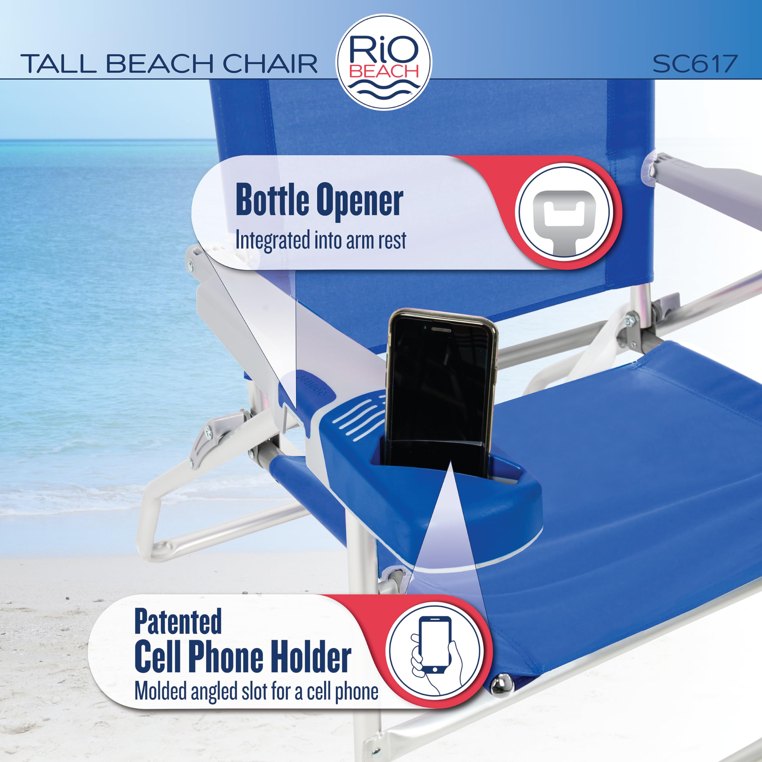 Rio Brands 17" Extended Height 4-Position Folding Beach, Camping, Lawn Chair, Blue/White/Green