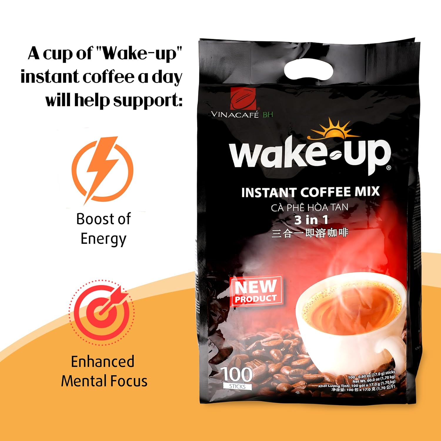 Vinacafe Premium Wake-Up Coffee Mix, 100 Coffee Sticks Single Serves 1 Pack Total 100 Sticks