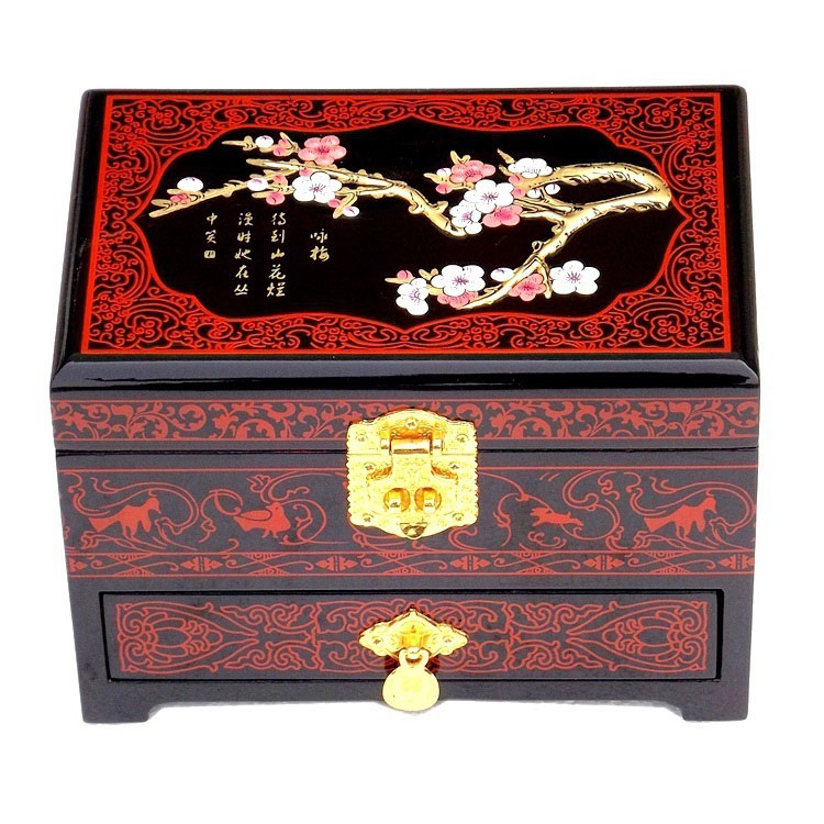 Push‑Top Lacquer Jewelry Box – Red & Black Dowry‑Style Wood Chest