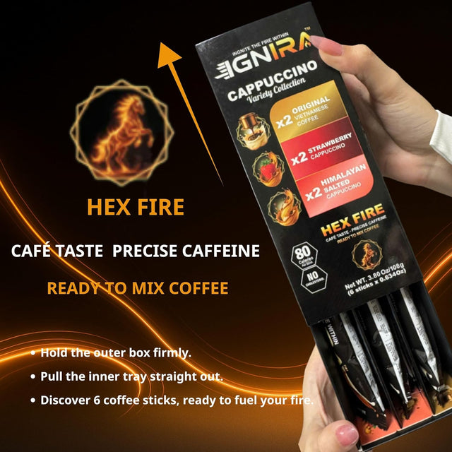 IGNIRA Cappuccino Variety Collection – Robusta Instant Coffee Mix Packets: Strawberry, Original, Himalayan Salted – Smooth & Creamy, Hot or Iced Milk Coffees, No Soybeans, Café Taste, Ready-to-Mix – HexFire Energy, 6 Single-Serve Sticks (3.80 oz)