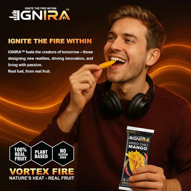 IGNIRA Dried Mango with chili, Sweet & Hot Fruit Snack Strips, Dry Chamoy Mangoes Slices, Chili Mangoes Snacks for Office, Gluten-Free, Plant-Based, Real Fruit, Vortex Energy Pack of 1 (1.67oz)