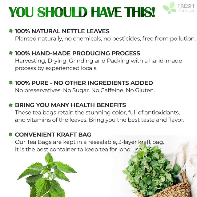 Premium Nettle Leaf Tea Bags, 100% Natural & Pure, Stinging Nettle Leaf Tea, Nettle Leaf Tea, Burn Nettle, Stinging Nettle, Nettle Tea, Stinger Tea, No Sugar/Caffeine & Gluten, Vegan - FreshDrinkUS - Natural and Premium Herbal Tea