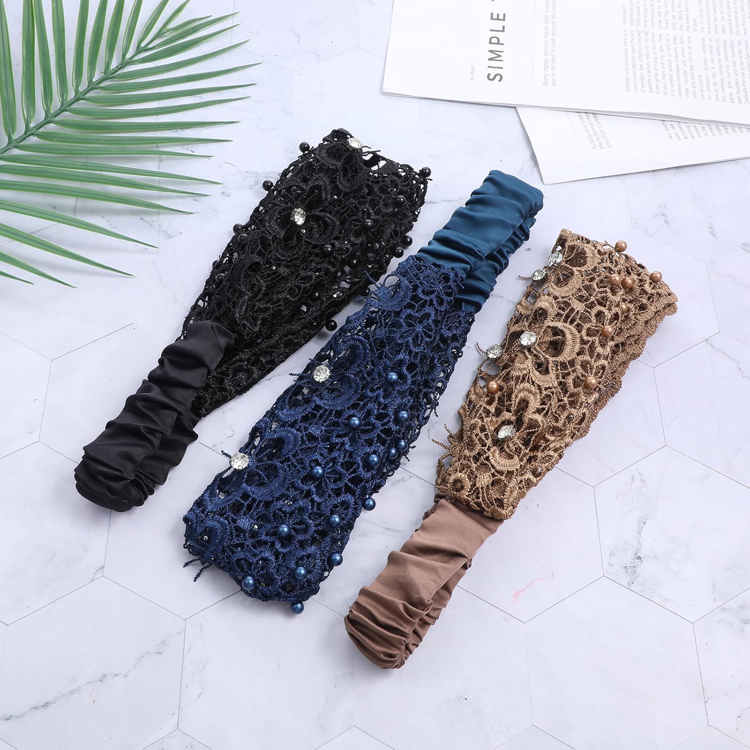 3pcs Boho-Chic Crystal & Pearl Embellished Wide Headbands, Wide Boho Pearl Headband for Wome, Floral Beaded Lace Elastic Headband Suitable for Daily Wear and Weddings Stylingvarious Holidays