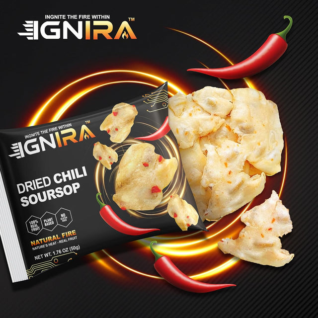 IGNIRA Spicy Dried Soursop with Chili, Vegan Sweet & Hot Fruit Snacks, Premium Soft Dried Chili Soursop, Plant-based, Gluten-free, Real Fruit Snack Strips, Vortex Fire energy Pack of 1 (1.76 oz)