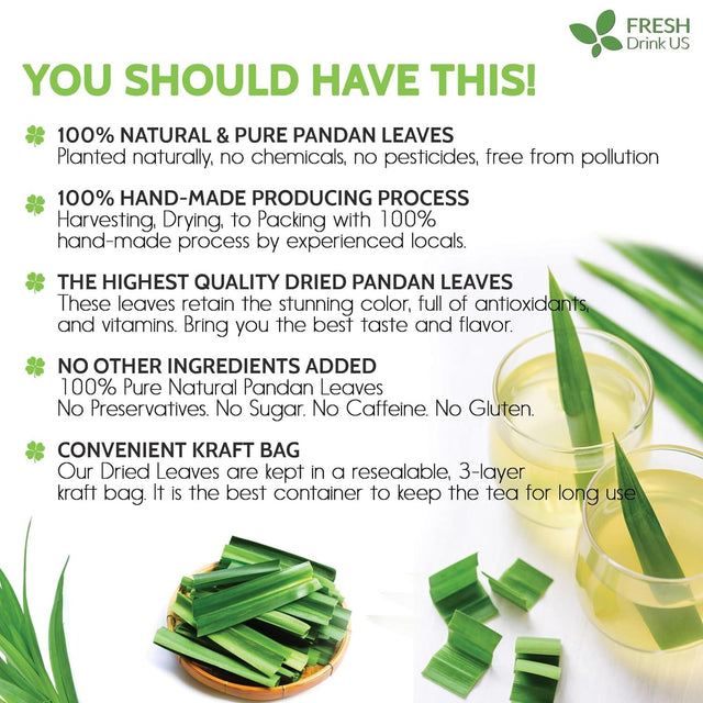 Natural Pandan Leaves Dried, Pandan Leaf Powder, 100% Pure Dried Pandan Leaves, Pandan Leaf Tea, No Additives, No Caffeine, Vegan - FreshDrinkUS - Natural and Premium Herbal Tea